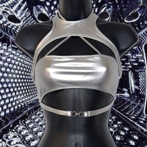 New Small Silver Metallic Cutout Halter Crop Top Rave Festival Bralette Y2k